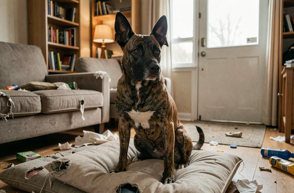 Chien Malinois croisé Staff anxieux et destructeur dans un appartement par manque de stimulation et d'éducation adaptée