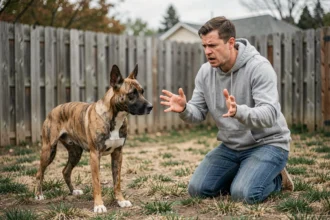 Malinois croisé Staffordshire désorienté face à un maître donnant des ordres confus dans un jardin suburban