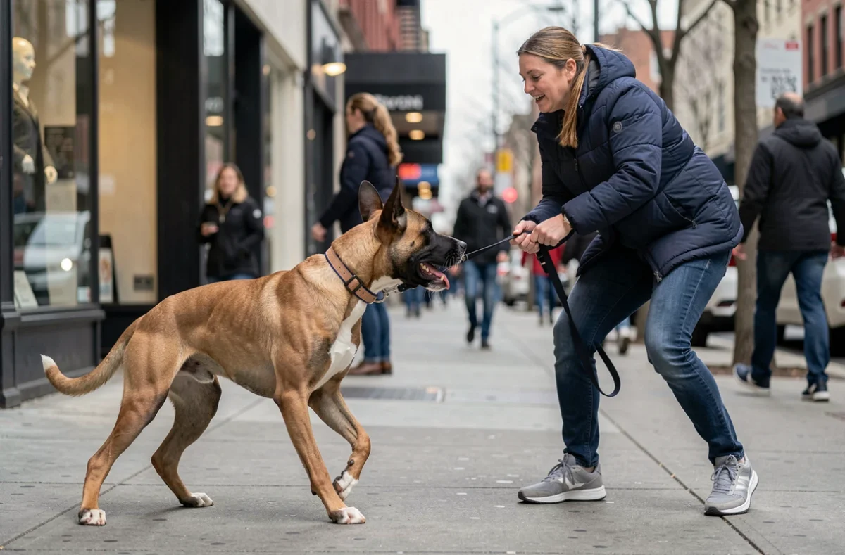 Propriétaire dépassée par son chien Malinois croisé Staff tirant sur la laisse en milieu urbain