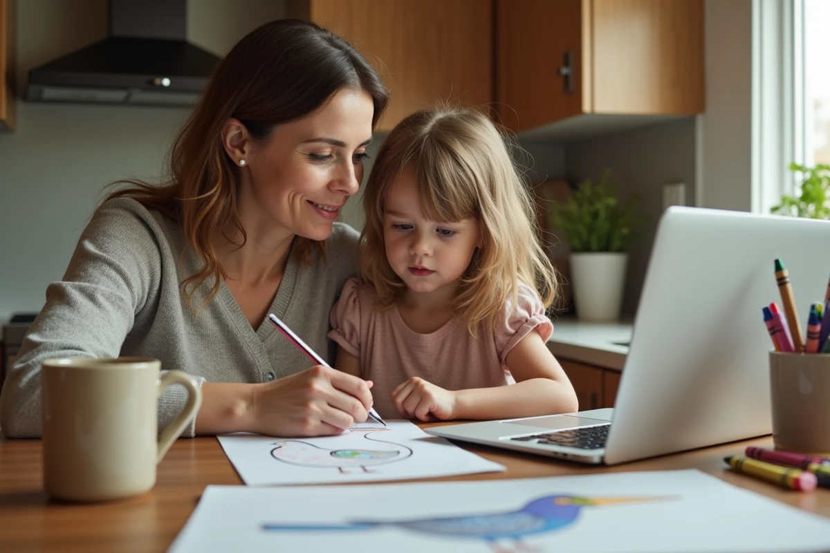 Maman aide sa fille à colorier un oiseau sur un ordinateur portable
