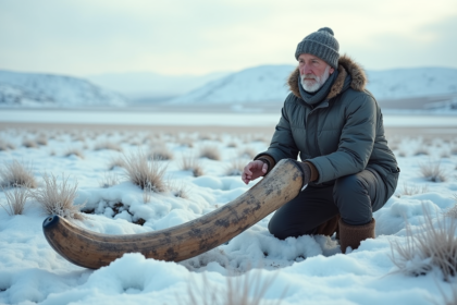 Paléontologue âgé près d’un mammouth dans la tundra enneigée