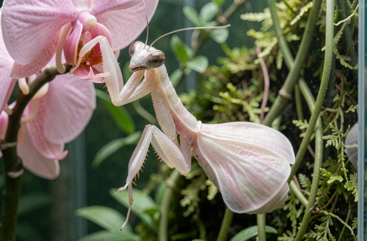 Gros plan hyper-réaliste d'une mante orchidée rare perchée sur une branche fleurie à l'intérieur d'un terrarium