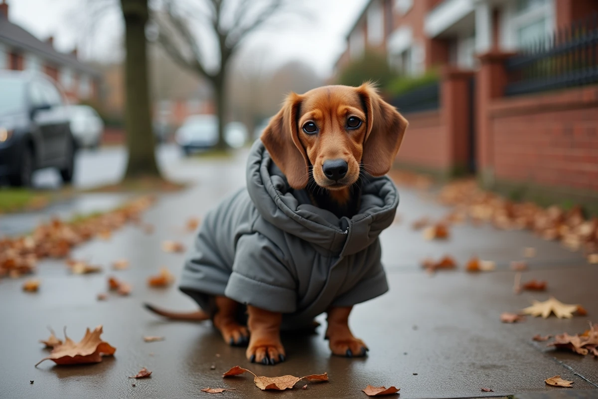 Chiot teckel portant un manteau trop grand et mal ajusté, debout sur un trottoir en automne entouré de feuilles mortes, illustrant une erreur courante d'achat