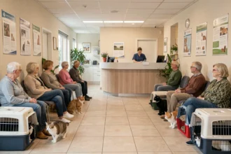 Salle d'attente d'une clinique vétérinaire moderne dans les Yvelines avec propriétaires et animaux de compagnie