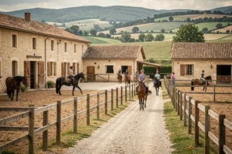 Vue panoramique d'un centre équestre typique du Rhône avec chevaux, paddocks et paysage verdoyant