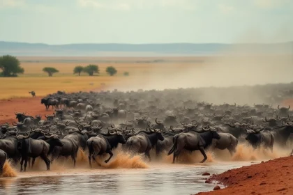 Immense troupeau de gnous traversant une rivière boueuse lors de la grande migration en Tanzanie