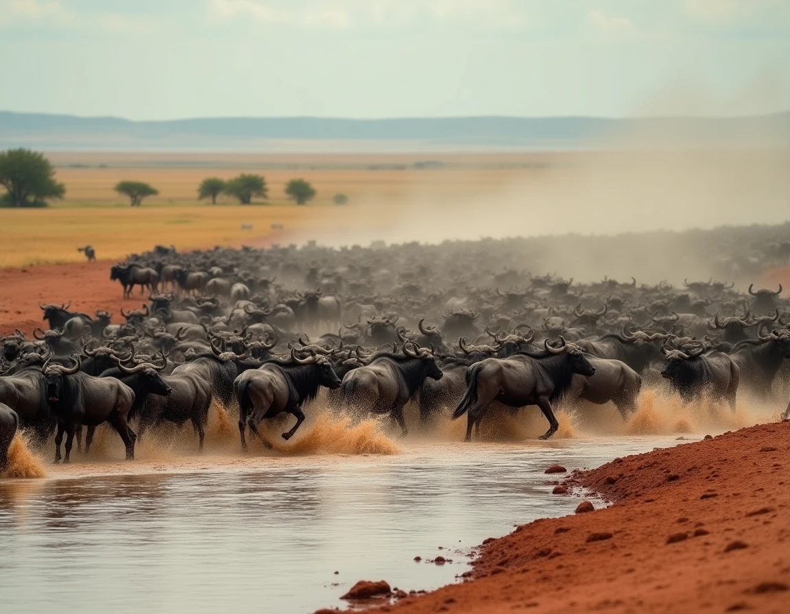 Immense troupeau de gnous traversant une rivière boueuse lors de la grande migration en Tanzanie