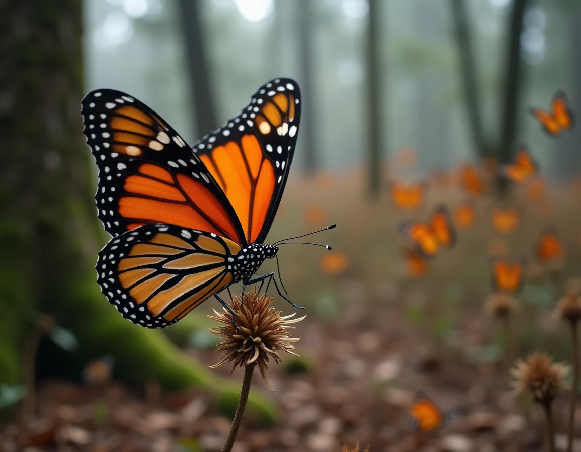 Portrait d'un papillon monarque sur une tige sèche dans la forêt mexicaine lors de la migration hivernale