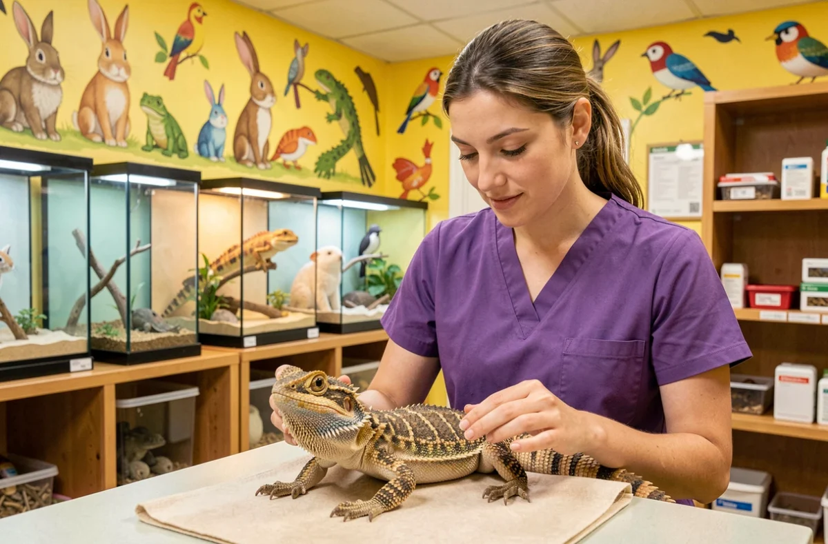 Vétérinaire spécialisée NAC tenant un dragon barbu en consultation chez NAC et Compagnie