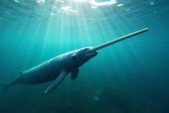 Narval sous l'eau dans l'océan Arctique avec sa longue défense en spirale visible