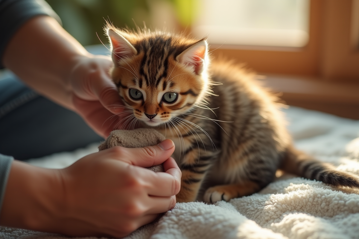 Personne nettoyant doucement un chaton tabby avec un chiffon