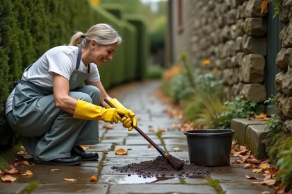 Femme avec des gants en caoutchouc qui nettoie des crottes de sanglier sur un chemin de jardin en pierre