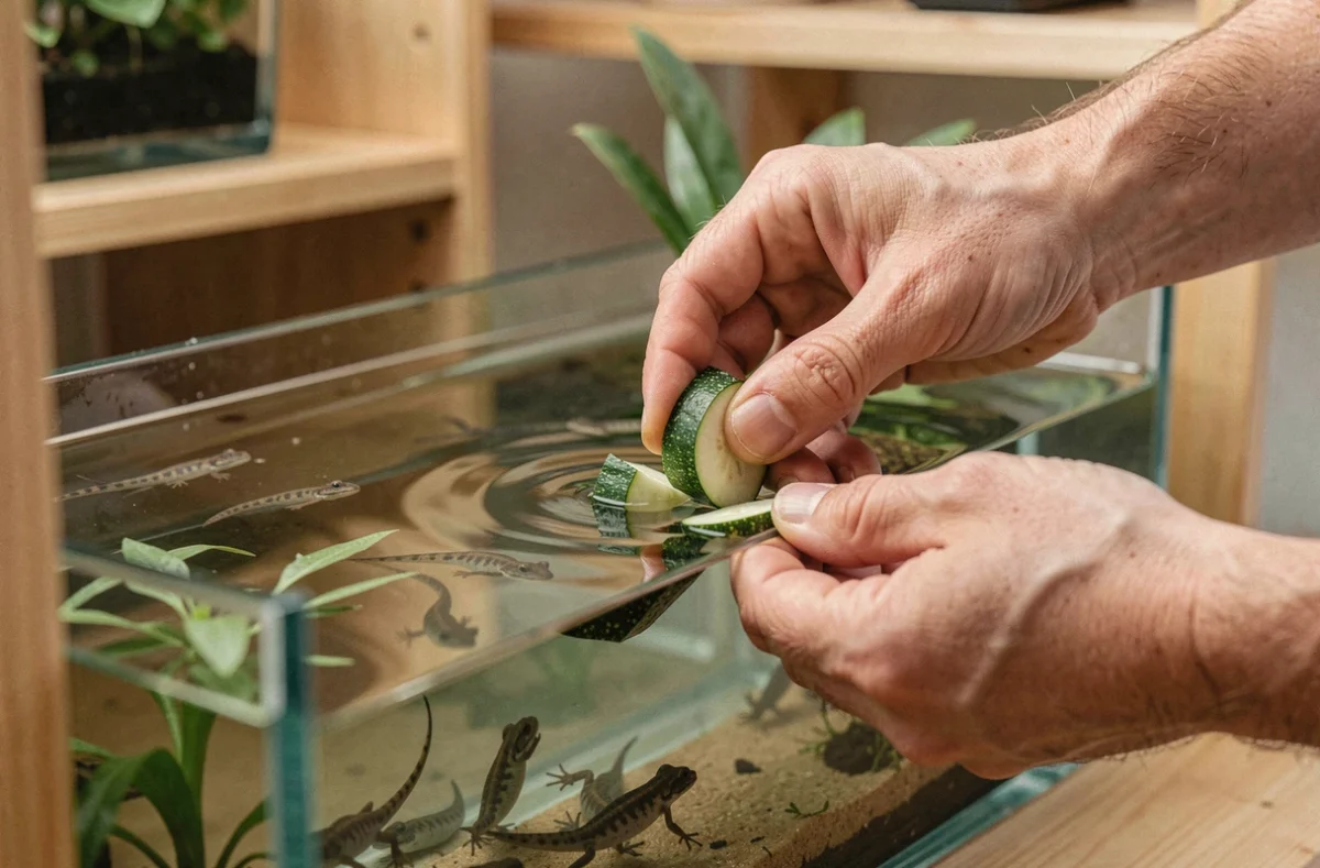Mains nourrissant un têtard avec des légumes et spiruline dans un aquarium domestique