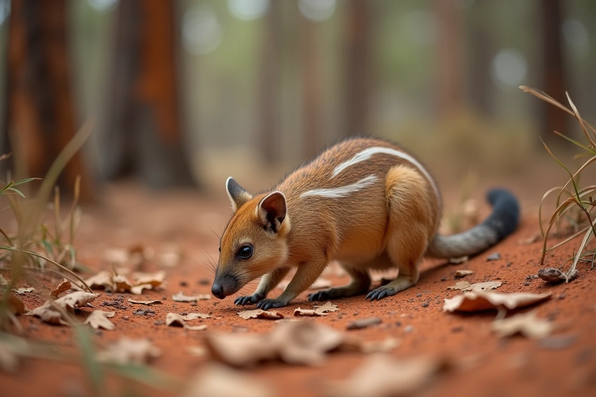 Numbat australien fouillant dans les feuilles d'eucalyptus sur sol sableux rouge en Australie occidentale