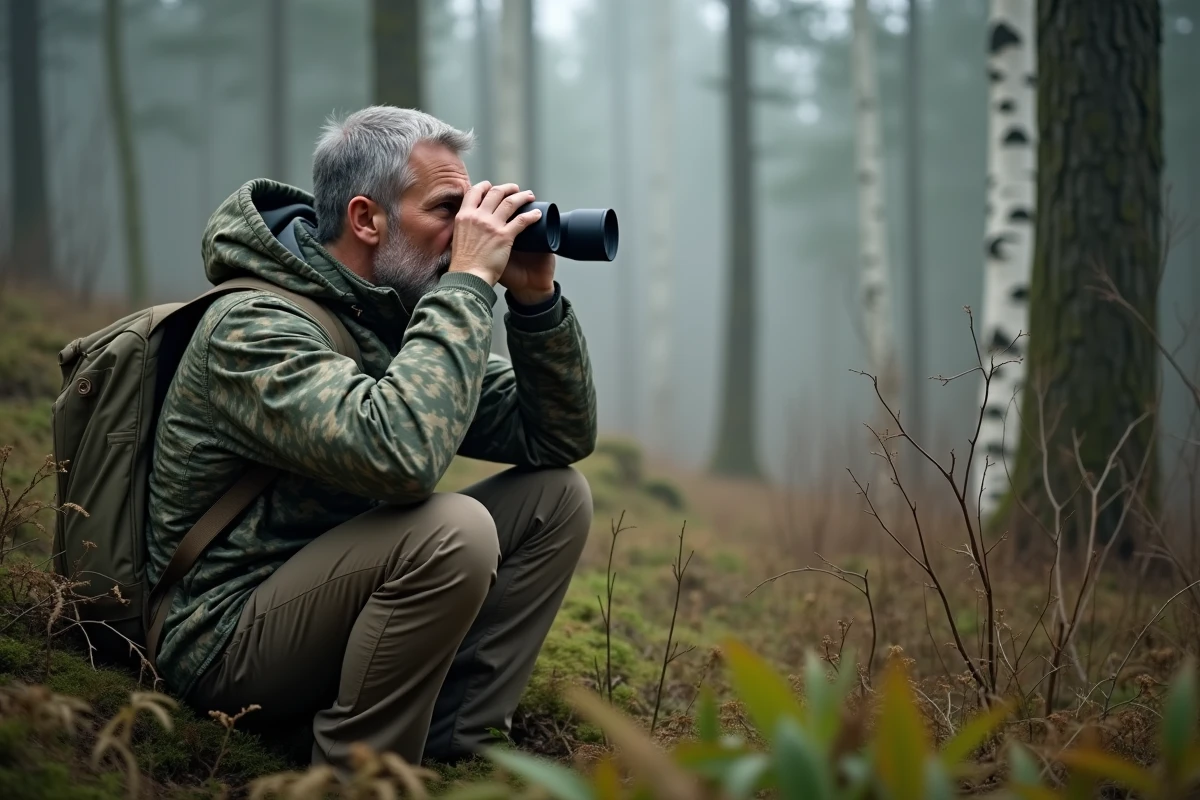 Observateur de la nature en tenue camouflage utilisant des jumelles en forêt pour écouter le brame du cerf
