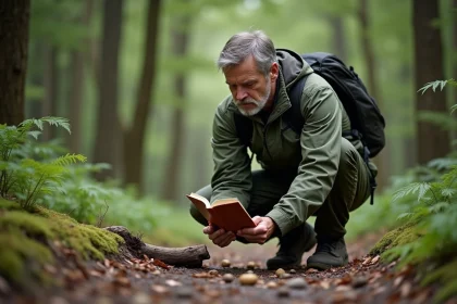 Homme observant des excréments dans la forêt avec guide