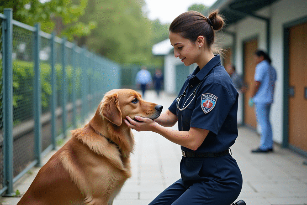 Officier animalier inspectant un retriever dans un refuge