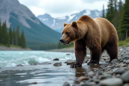 Ours grizzly sur la rive rocheuse d'une rivière sauvage