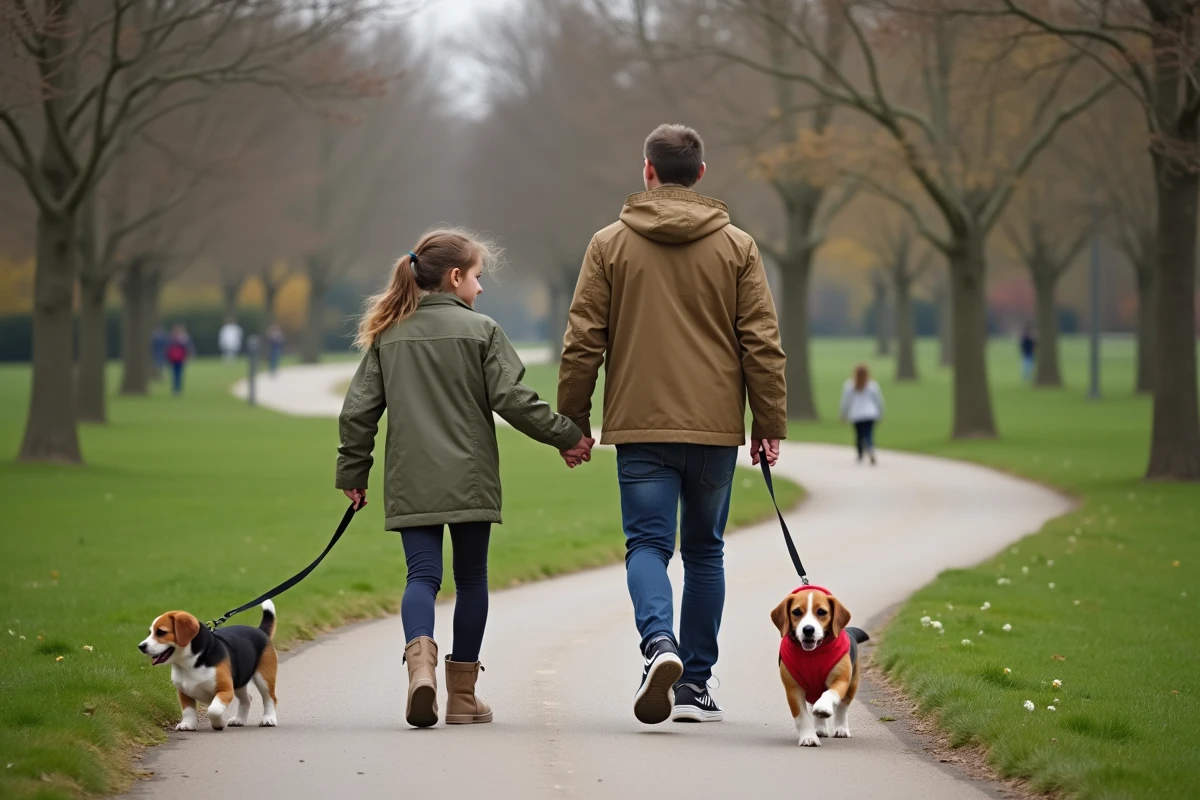 Père et fille avec un chiot en promenade dans un parc