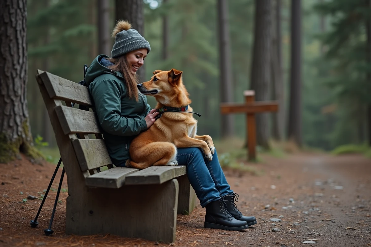 Jeune femme faisant une pause sur un banc en bois de forêt avec son chien croisé lors d'une randonnée pédestre dominicale