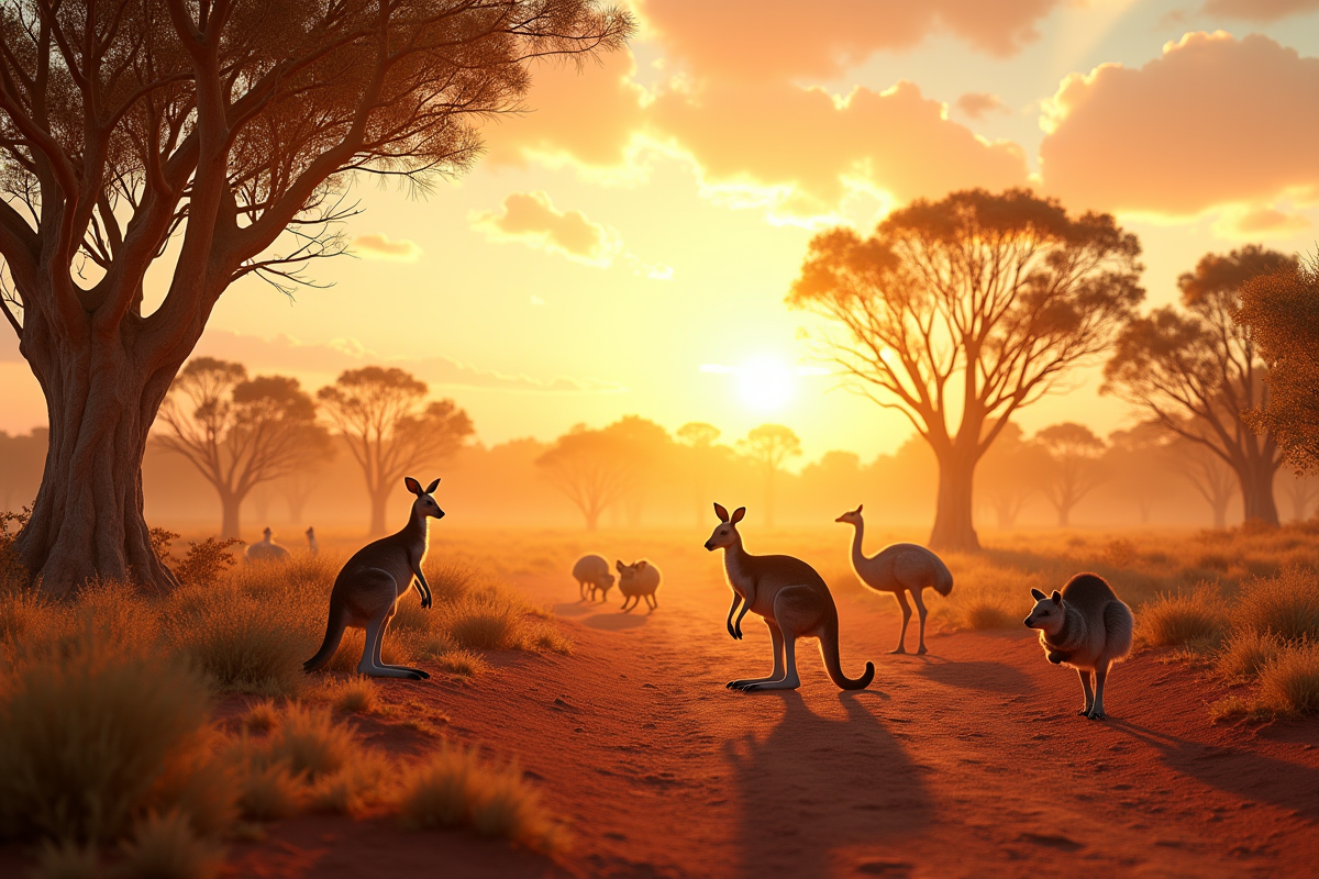 Paysage australien avec kangourous et eucalyptus