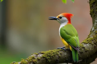 Pic vert perché sur une branche de chêne moussue dans un jardin, plumage vert vif et couronne rouge bien visibles