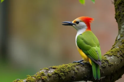 Pic vert perché sur une branche de chêne moussue dans un jardin, plumage vert vif et couronne rouge bien visibles
