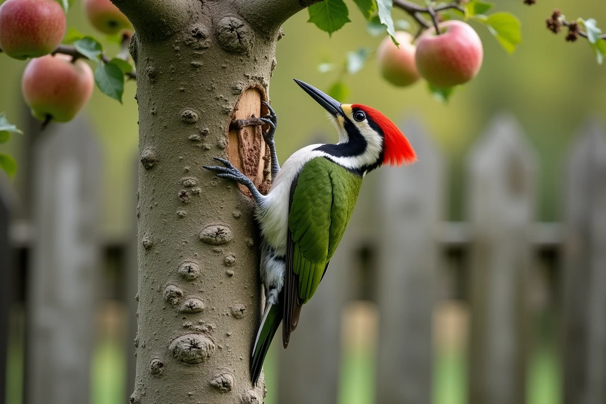 Pic vert agrippé verticalement au tronc d'un vieux pommier, masque noir et calotte rouge bien distincts en vue de profil