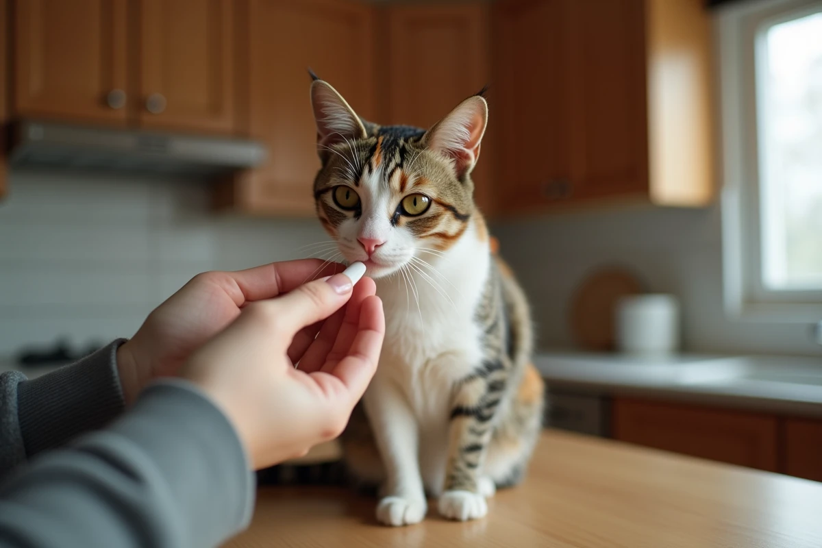 Propriétaire tenant un comprimé contraceptif devant un chat calico attentif sur un plan de travail en bois