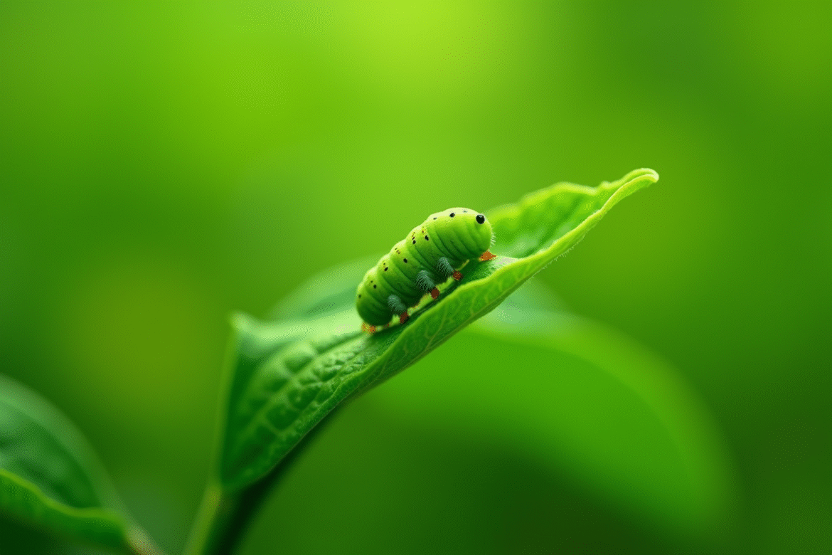 Plante verte dans un jardin avec chenille visible en gros plan