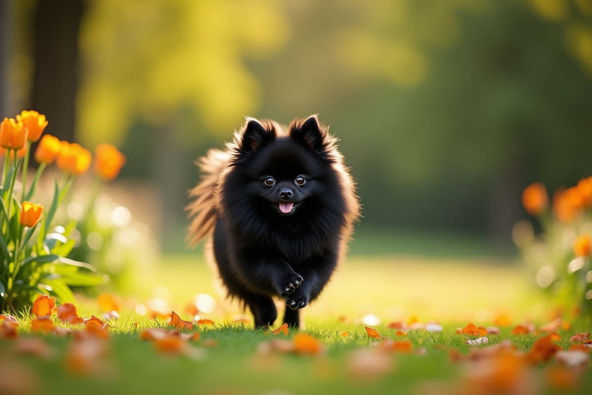 Chien Pomeranian noir courant dans un parc ensoleille