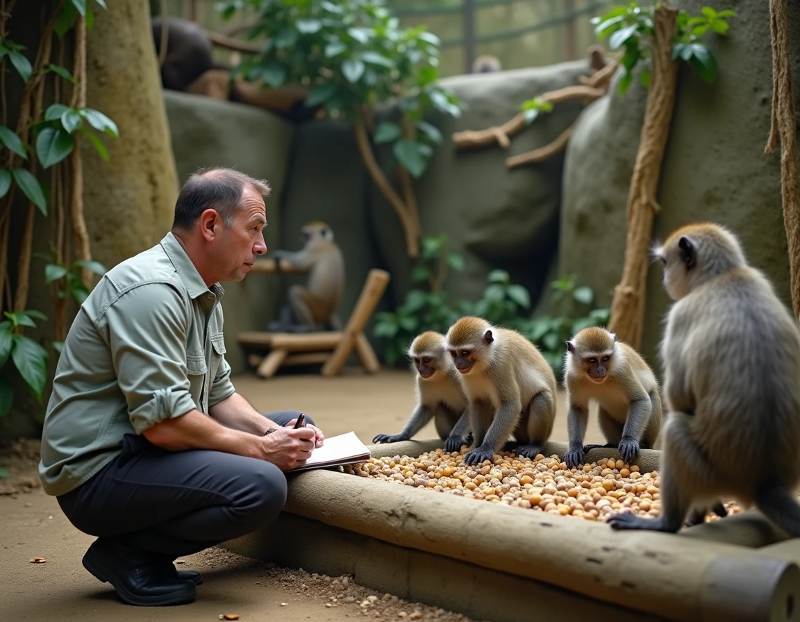 Primatologue observant des capucins interagissant avec des distributeurs alimentaires d'enrichissement en zoo