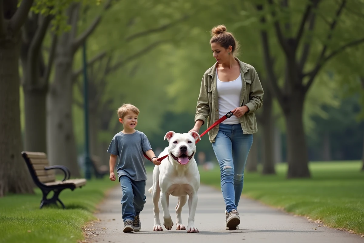 Femme adulte et enfant promenant un American Bully XL blanc en laisse dans un parc public