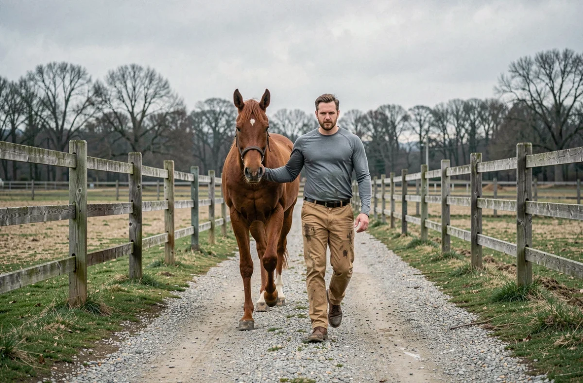 Propriétaire promenant un cheval au pas en main dans un paddock pour réduire l'engorgement des membres
