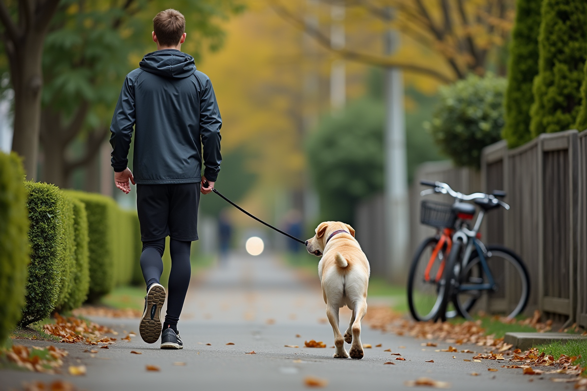 Jeune homme avec labrador en promenade dans le quartier