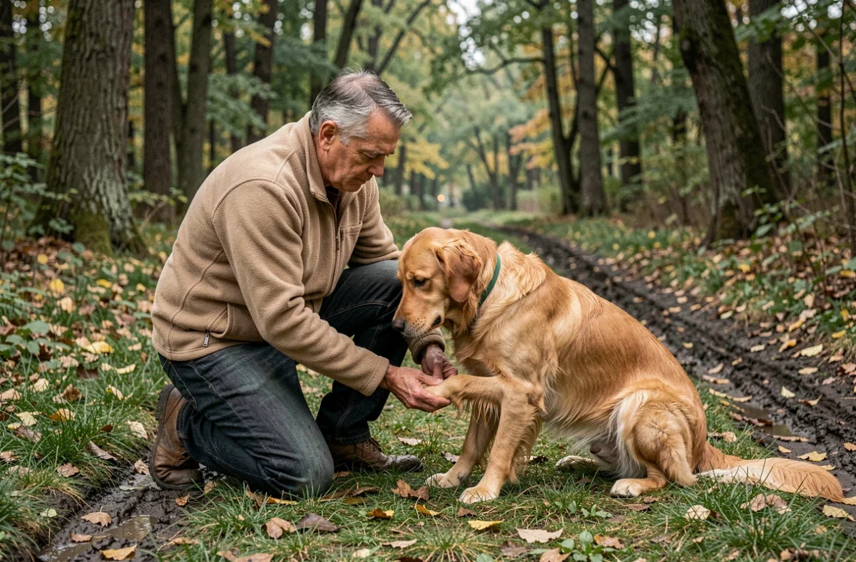 Propriétaire vérifiant son chien golden retriever dans un parc urbain après contact possible avec des déjections de renard