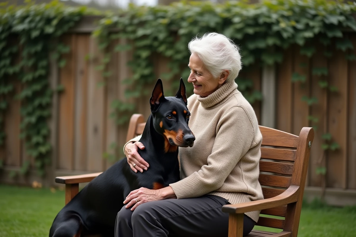 Propriétaire âgée et responsable avec son Dobermann calme dans un jardin de banlieue