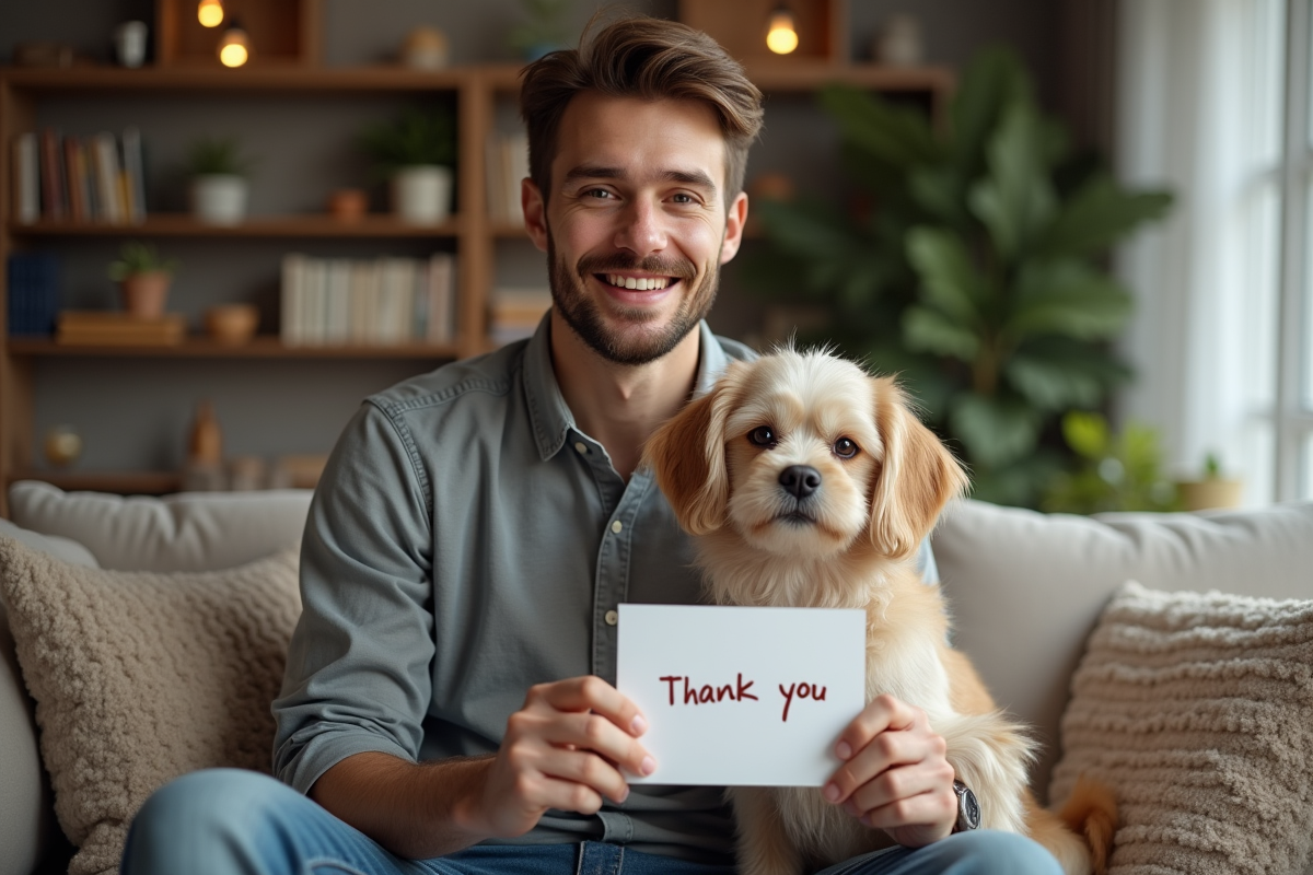 Jeune homme avec chien tenant carte de remerciement dans salon