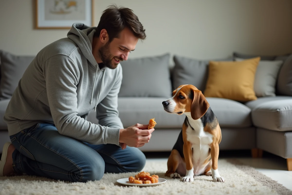 Propriétaire donnant à manger à la main un morceau de poulet à son chien beagle convalescent dans un salon