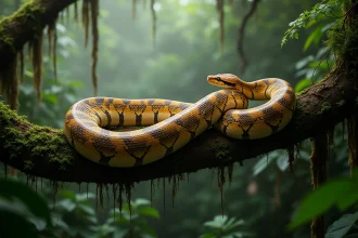Un python réticulé géant enroulé sur une branche couverte de mousse dans une forêt tropicale luxuriante, révélant ses écailles iridescentes aux motifs géométriques complexes