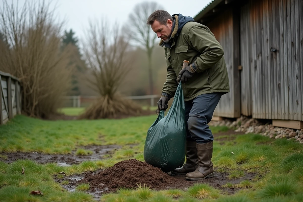 Homme qui ramasse des déjections de sanglier dans une cour rurale avec une pelle et un sac poubelle hermétique