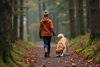 Femme en veste polaire marchant sur un sentier forestier en automne avec son golden retriever en laisse lors d'une randonnée dominicale