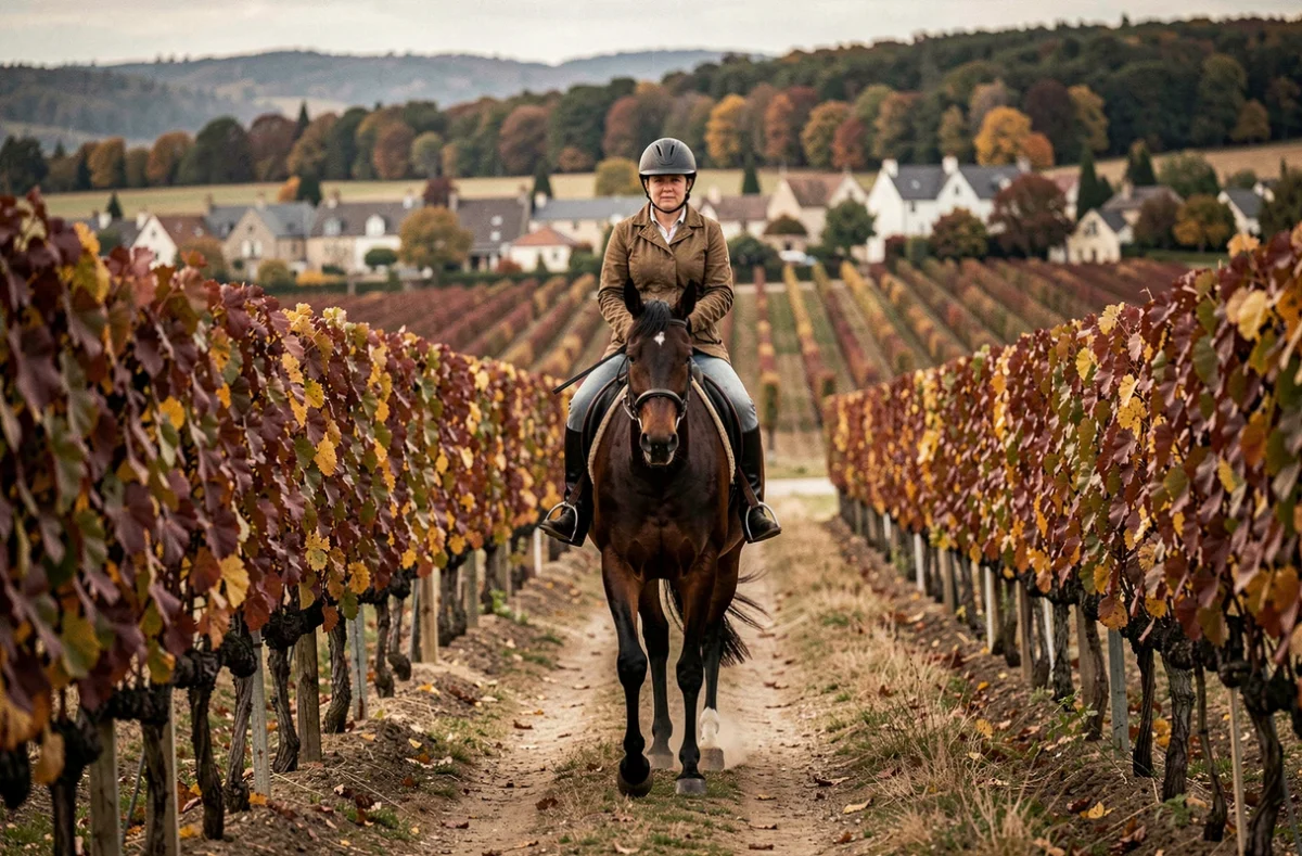 Cavalière traversant les vignes du Beaujolais en automne lors d'une randonnée équestre dans le Rhône