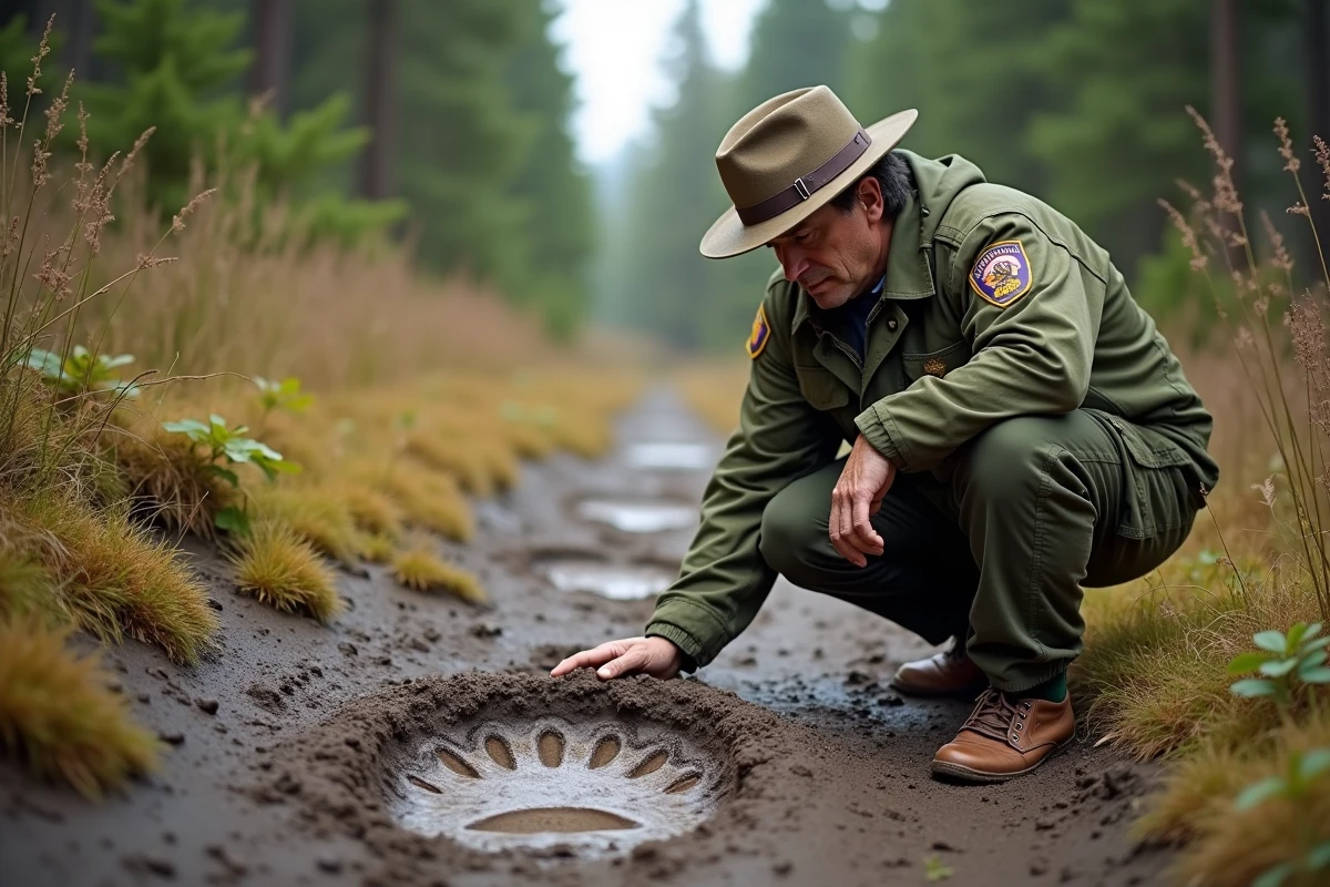 Agent de parc observant une empreinte de grizzly dans la boue