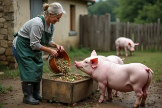 Fermière versant une ration maison de déchets alimentaires et céréales dans une auge en bois pour ses cochons dans une ferme rustique