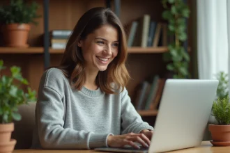 Femme cherchant un animal de compagnie sur un site web depuis son bureau à domicile