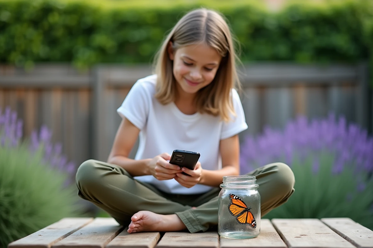 Adolescente utilisant une application mobile pour identifier un papillon monarque dans un jardin