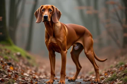 Red Coonhound adulte debout dans une forêt en automne, montrant son pelage roux brillant et ses longues oreilles tombantes