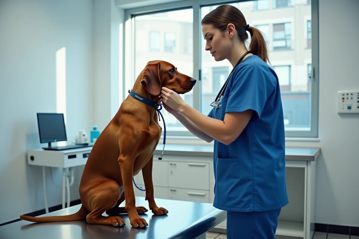 Red Coonhound calme lors d'un examen vétérinaire dans une clinique moderne, illustrant les soins de santé et le prix d'entretien de la race