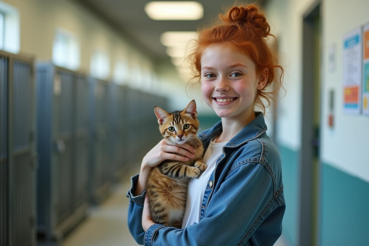 Adolescente tenant un chat dans un refuge pour animaux
